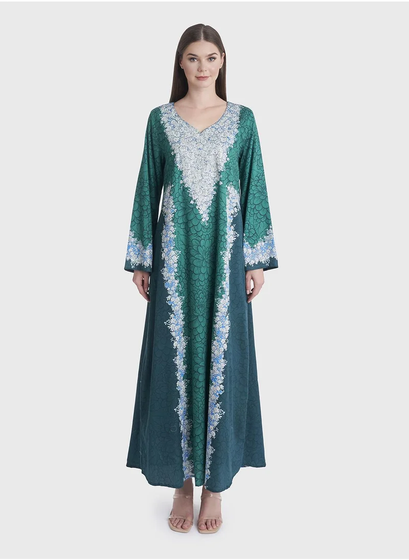 KASHKHA Digital Flower Print with Stonework Jalabiya