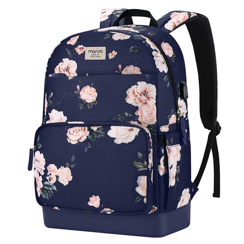Mosiso MOSISO 15.6-16 inch Laptop Backpack for Women, Polyester Anti-Theft Stylish Casual Daypack Bag with Luggage Strap & USB Charging Port, Camellia Travel Backpack, Blue  - Image 1