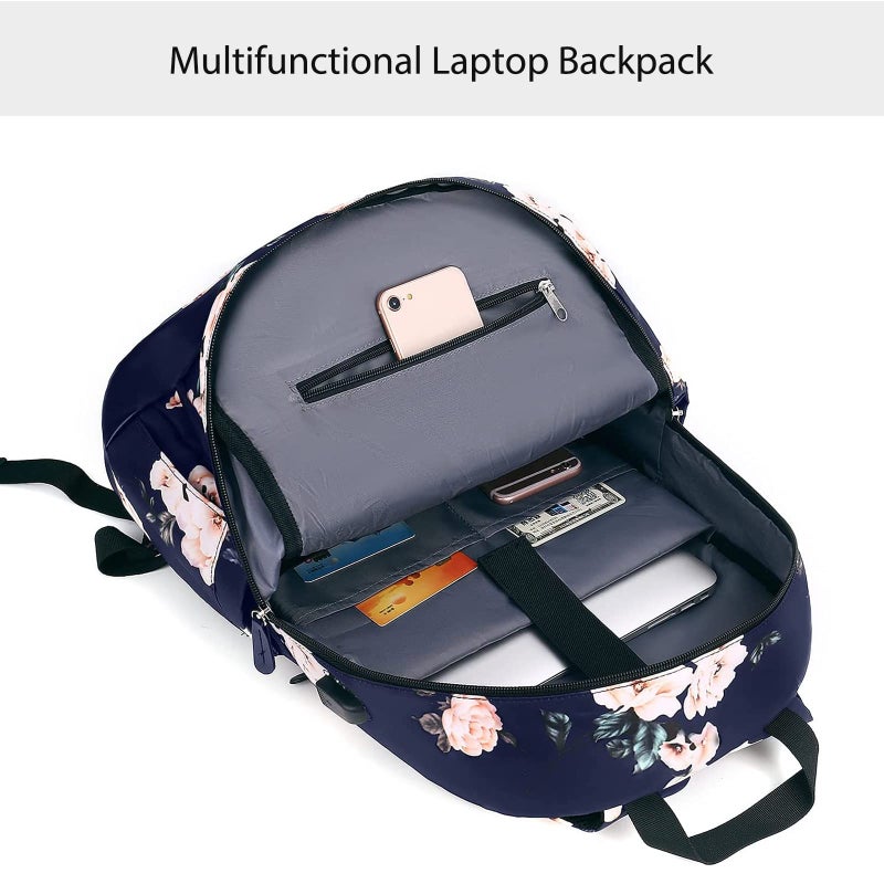 Mosiso MOSISO 15.6-16 inch Laptop Backpack for Women, Polyester Anti-Theft Stylish Casual Daypack Bag with Luggage Strap & USB Charging Port, Camellia Travel Backpack, Blue  - Image 4