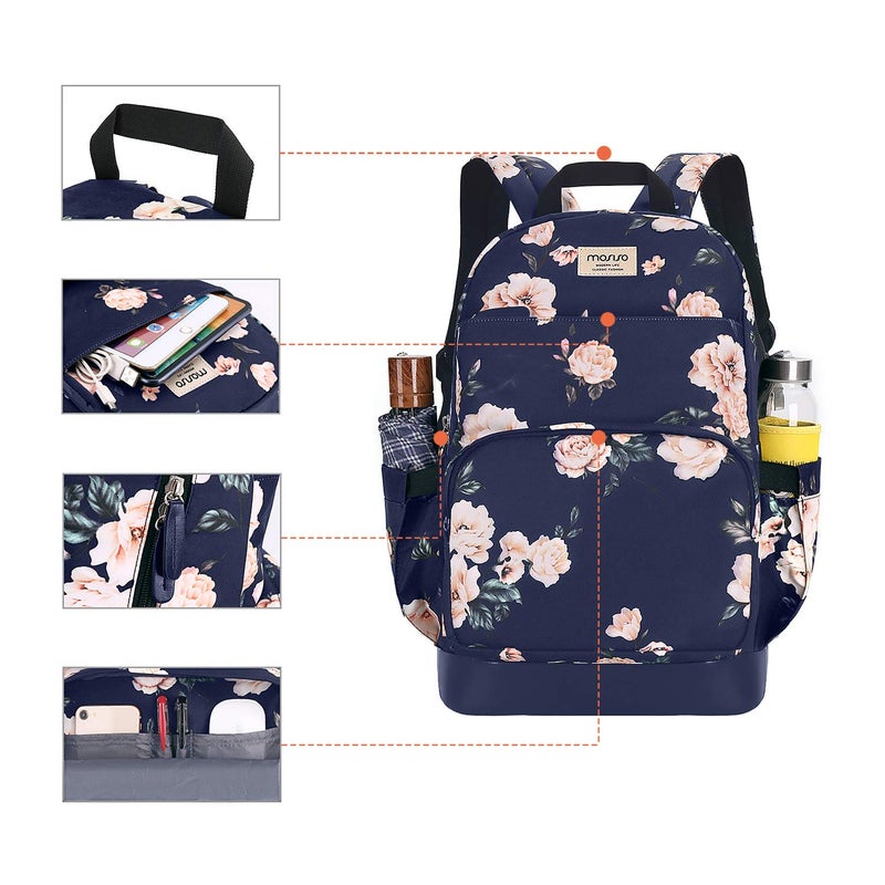 Mosiso MOSISO 15.6-16 inch Laptop Backpack for Women, Polyester Anti-Theft Stylish Casual Daypack Bag with Luggage Strap & USB Charging Port, Camellia Travel Backpack, Blue  - Image 5