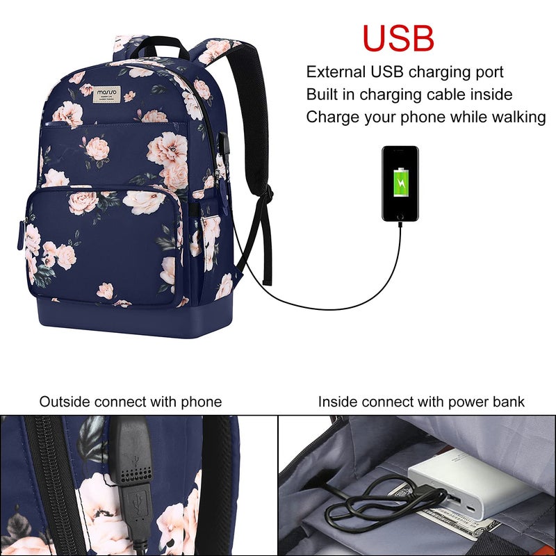 Mosiso MOSISO 15.6-16 inch Laptop Backpack for Women, Polyester Anti-Theft Stylish Casual Daypack Bag with Luggage Strap & USB Charging Port, Camellia Travel Backpack, Blue  - Image 2