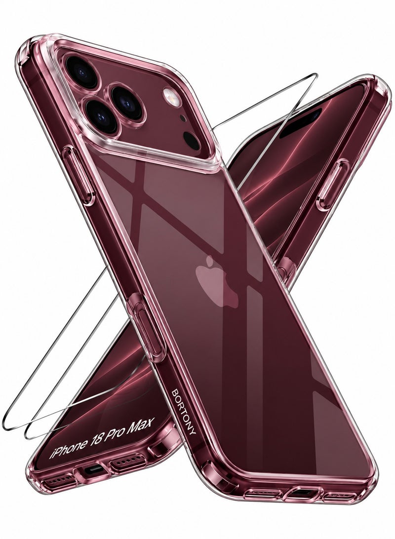 بورتوني جراب شفاف لهاتف iPhone 18 Pro Max مع قطعتين من الزجاج المقسى (Tempered Glass)؛ غطاء حماية مقاوم للصدمات ولا يتغير لونه (مضاد للاصفرار) مخصص لهاتف iPhone 18 Pro Max (مقاس 6.9 بوصة). - Image 1