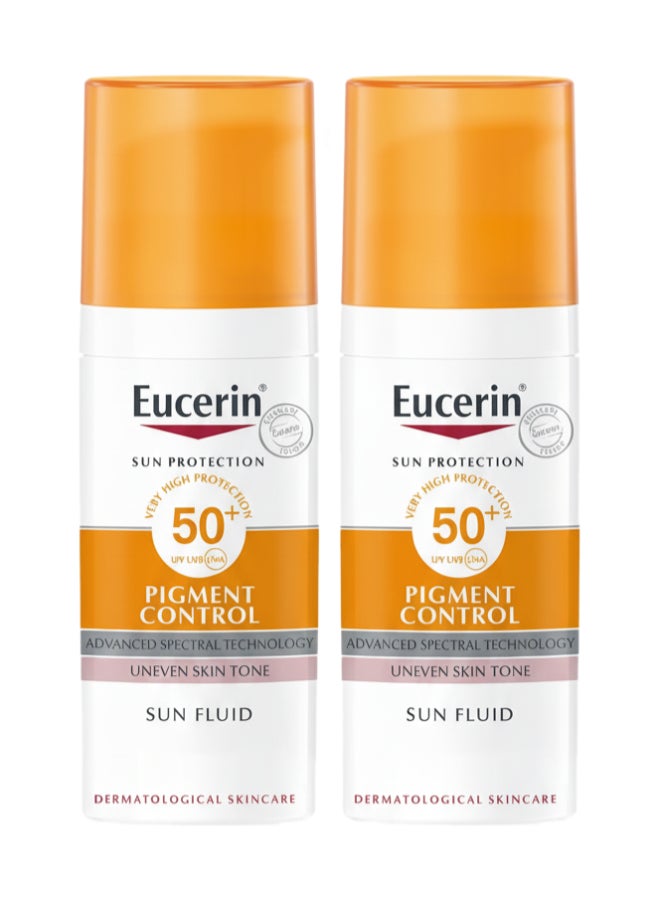 Eucerin Pack Of 2 Face Sunscreen Even Perfector Pigment Control Sun Fluid with Thiamidol, High UVA/UVB Protection, SPF50+, Reduces Spots for Uneven Skin Tone 50ml - Image 1