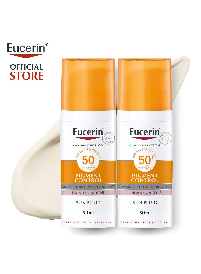 Eucerin Pack Of 2 Face Sunscreen Even Perfector Pigment Control Sun Fluid with Thiamidol, High UVA/UVB Protection, SPF50+, Reduces Spots for Uneven Skin Tone 50ml - Image 1