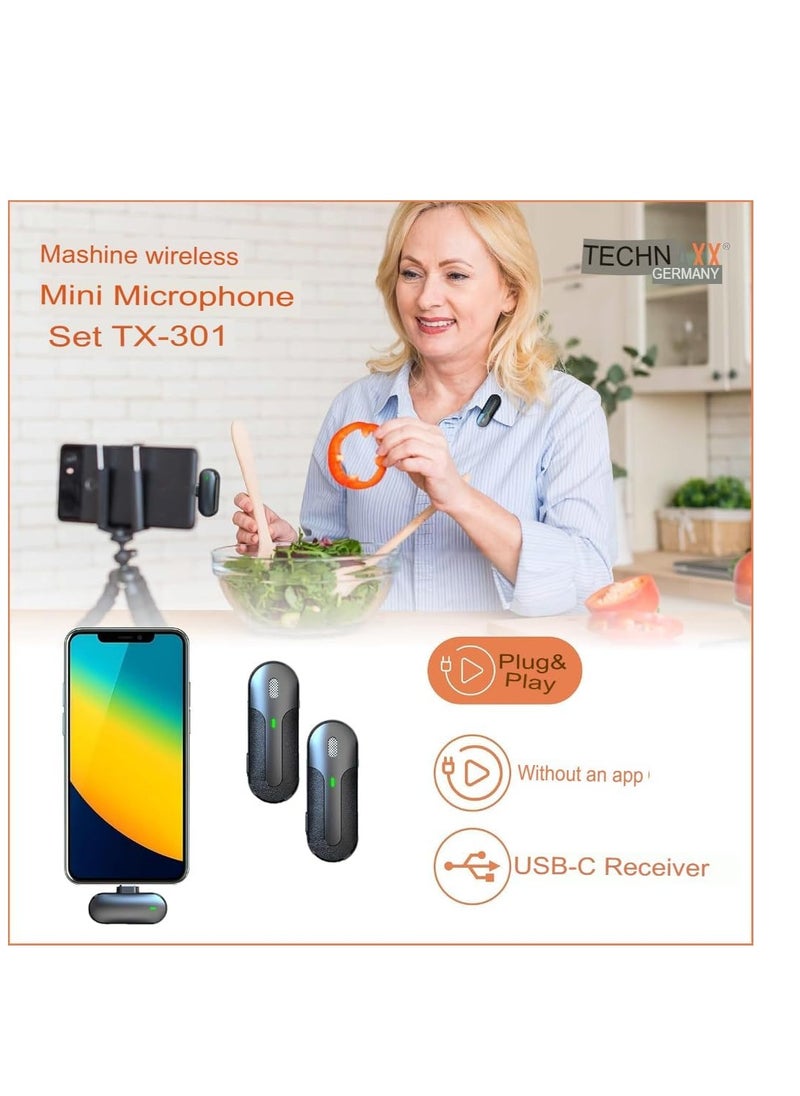 TECHNAXX GERMANY - Wireless Microphone for iPhone, TX-301 Noise-Cancelling Mic with USB-C Receiver, Charging Case & Lapel Clip for Podcasting, Vlogging & Video Recording - Image 1