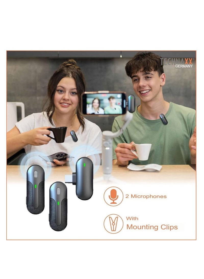 TECHNAXX GERMANY - Wireless Microphone for iPhone, TX-301 Noise-Cancelling Mic with USB-C Receiver, Charging Case & Lapel Clip for Podcasting, Vlogging & Video Recording - Image 1