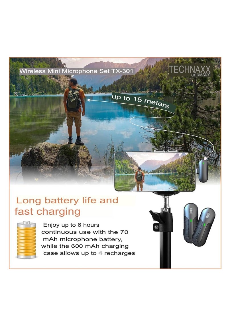 TECHNAXX GERMANY - Wireless Microphone for iPhone, TX-301 Noise-Cancelling Mic with USB-C Receiver, Charging Case & Lapel Clip for Podcasting, Vlogging & Video Recording - Image 1