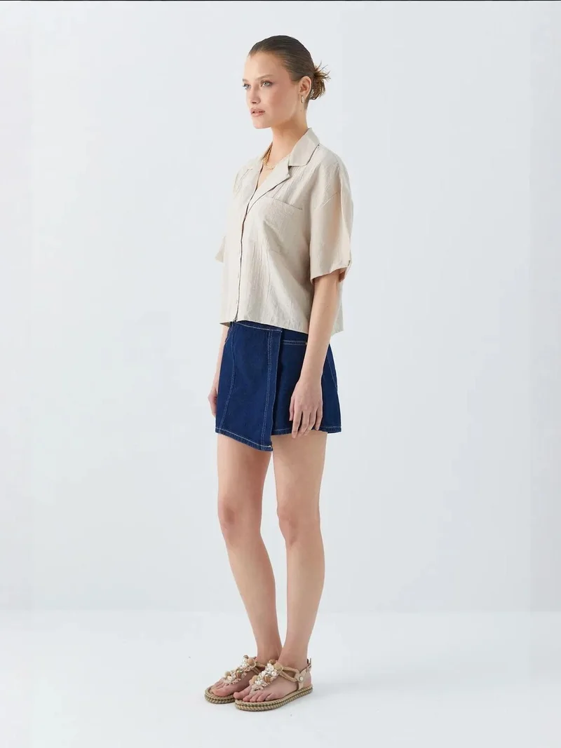 MixRay Stone Natural Mixray Loose Fit Button-Up Crop Shirt with Pocket for Women | Best Price UAE