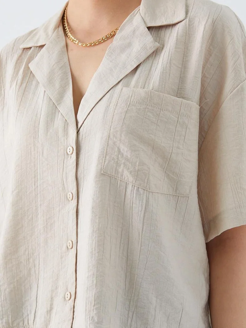 Mixray Stone Natural Mixray Loose Fit Button-Up Crop Shirt with Pocket for Women | Best Price UAE