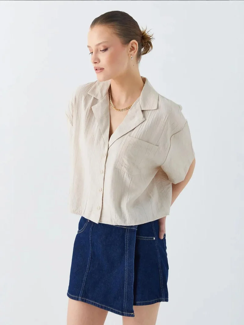 Mixray Stone Natural Mixray Loose Fit Button-Up Crop Shirt with Pocket for Women | Best Price UAE