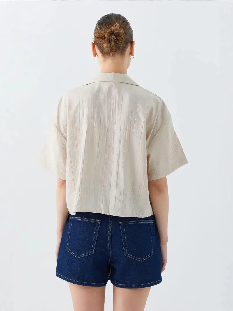 Mixray Stone Natural Mixray Loose Fit Button-Up Crop Shirt with Pocket for Women | Best Price UAE