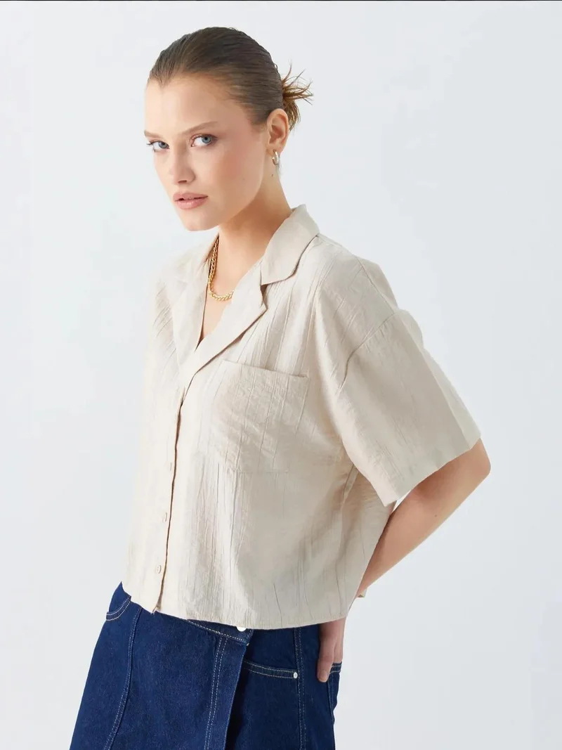 Mixray Stone Natural Mixray Loose Fit Button-Up Crop Shirt with Pocket for Women | Best Price UAE