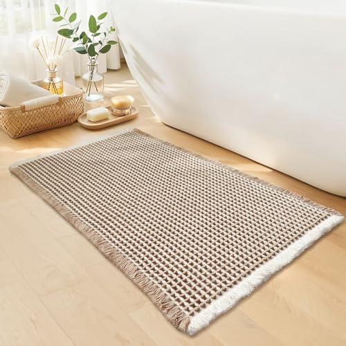 GRLYUH Waffle Bath Mat - Boho Bathroom Rugs Non Slip Washable, Super Absorbent & Quick Dry, Soft Bath Mat Farmhouse Bathroom Decor, 24'' x 36'', Khaki and White - Image 1