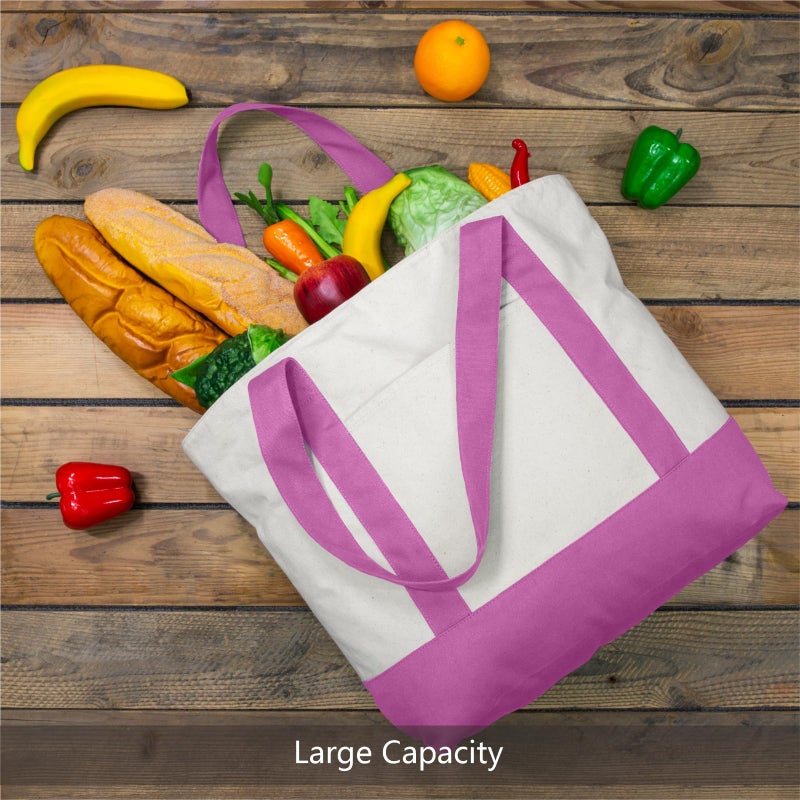 TOPDesign 1-Pack Canvas Tote Bag with an External Pocket, Reusable Grocery Shopping Bag, Top Zipper Closure, Daily Essentials (Light Purple/Natural) - Image 4