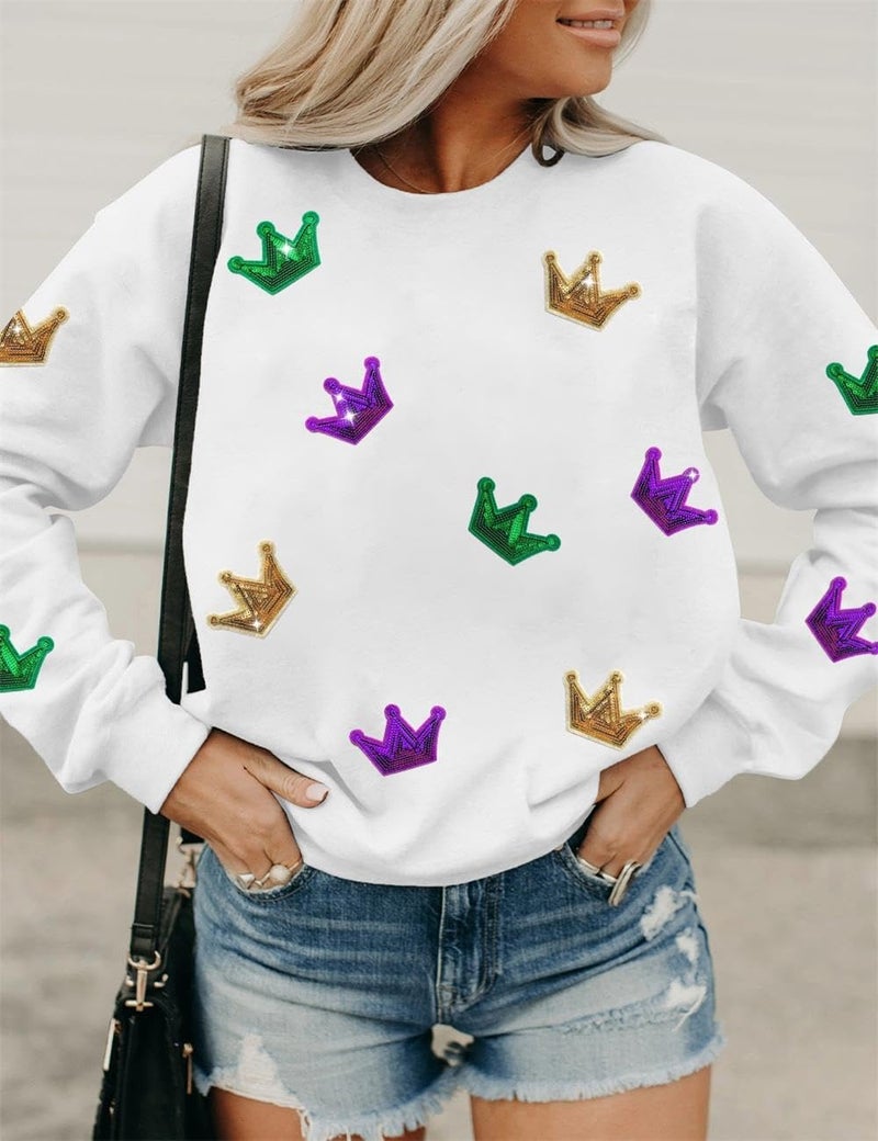 Ecosunny Women's White Mardi Gras Crown Sequined Patch Sweatshirt Round Neck Long Sleeve Casual Print Holiday Tops - Image 3