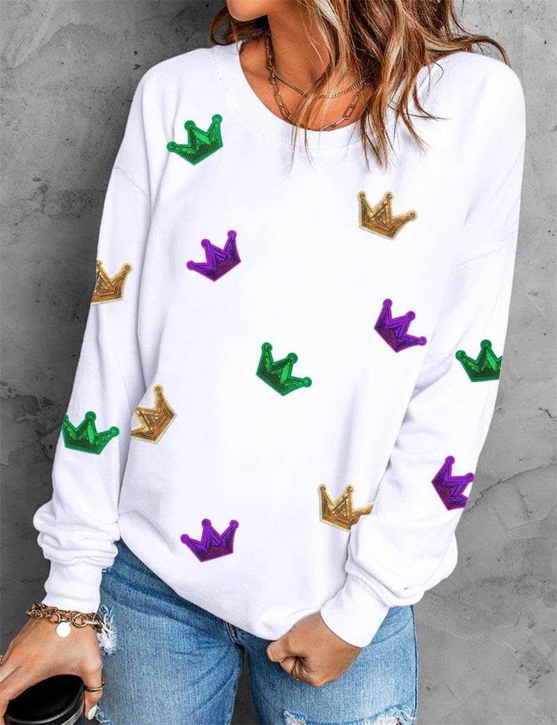 Ecosunny Women's White Mardi Gras Crown Sequined Patch Sweatshirt Round Neck Long Sleeve Casual Print Holiday Tops - Image 2