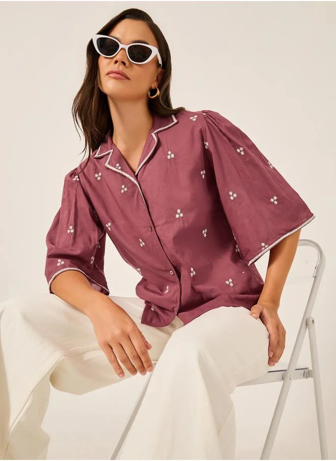 Styli Embroidered Notch Lapel Buttoned Top with Flared Sleeves