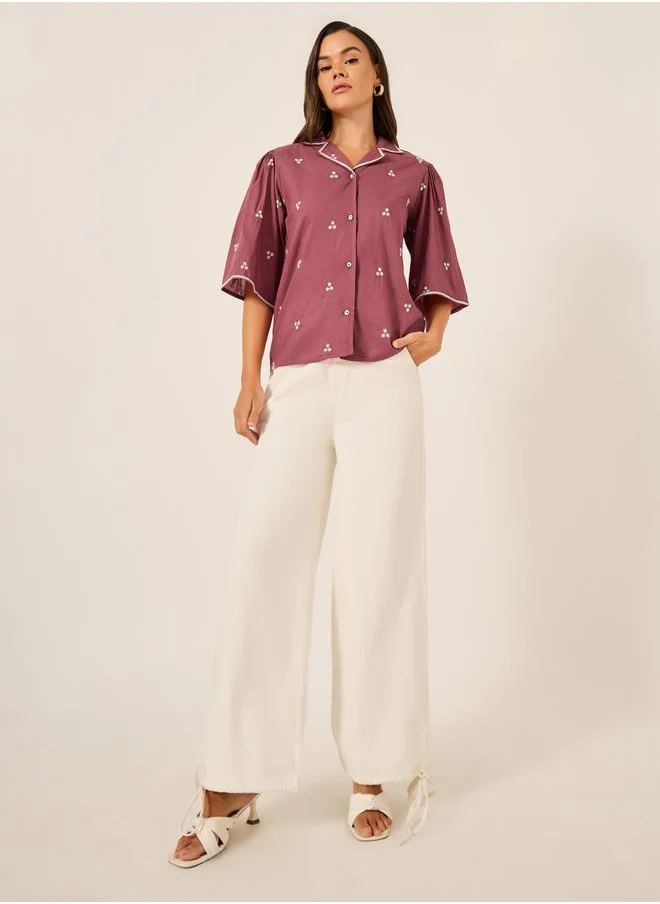 Styli Embroidered Notch Lapel Buttoned Top with Flared Sleeves