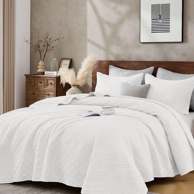 DOWN HOME Queen Quilt Set with Shams Lightweight Quilted Bedspread Coverlet Thin Comforter Bed Cover Vintage Washed Quilted Blanket for All Season, Brushed Microfiber Diamond Stitching, White, 88"x92" - Image 1