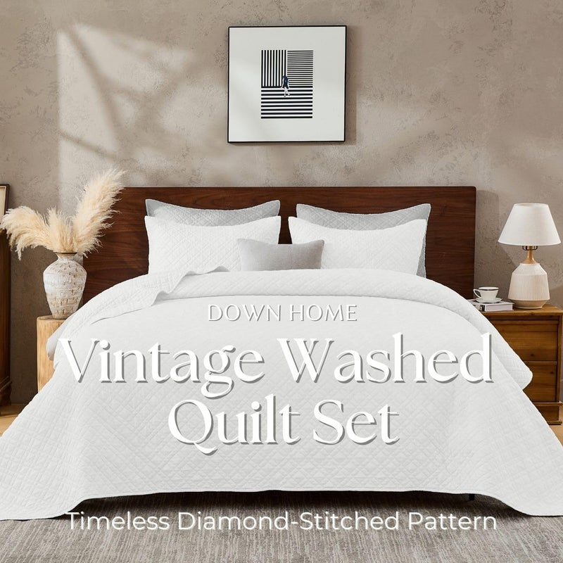 DOWN HOME Queen Quilt Set with Shams Lightweight Quilted Bedspread Coverlet Thin Comforter Bed Cover Vintage Washed Quilted Blanket for All Season, Brushed Microfiber Diamond Stitching, White, 88"x92" - Image 2