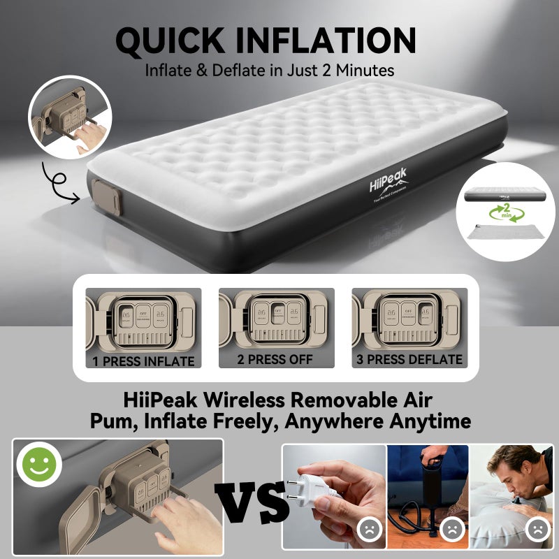 HiiPeak Twin Air Mattress Bed with Removable Multi-Function Air Pump, Self Inflatable TPU ECO Blow Up Bed, All Night Stability No Lost Air, No Peculiar Smell for Camping, Home, Guests Portable Travel - Image 2
