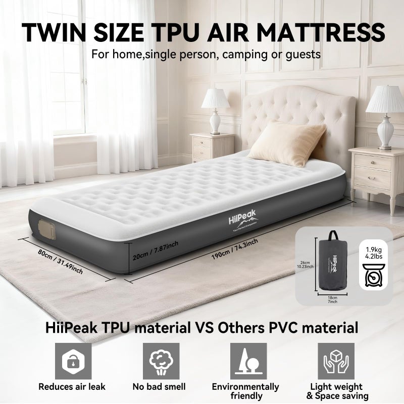 HiiPeak Twin Air Mattress Bed with Removable Multi-Function Air Pump, Self Inflatable TPU ECO Blow Up Bed, All Night Stability No Lost Air, No Peculiar Smell for Camping, Home, Guests Portable Travel - Image 5