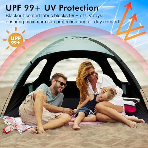 WhiteFang Beach Tent Anti-UV Portable Sun Shade Shelter for 3 Person with Blackout Shelter, Extendable Floor with 3 Ventilating Mesh Windows Plus Carrying Bag, Stakes and Guy Lines (Mint Green) - Image 3