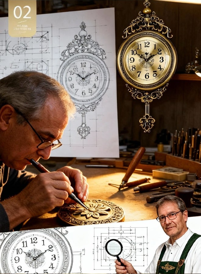 Hilyagems European Vintage Wall Clock​ with Silent Swaying Pendulum | Non-Ticking Timepiece for Living Room & Study - Image 2