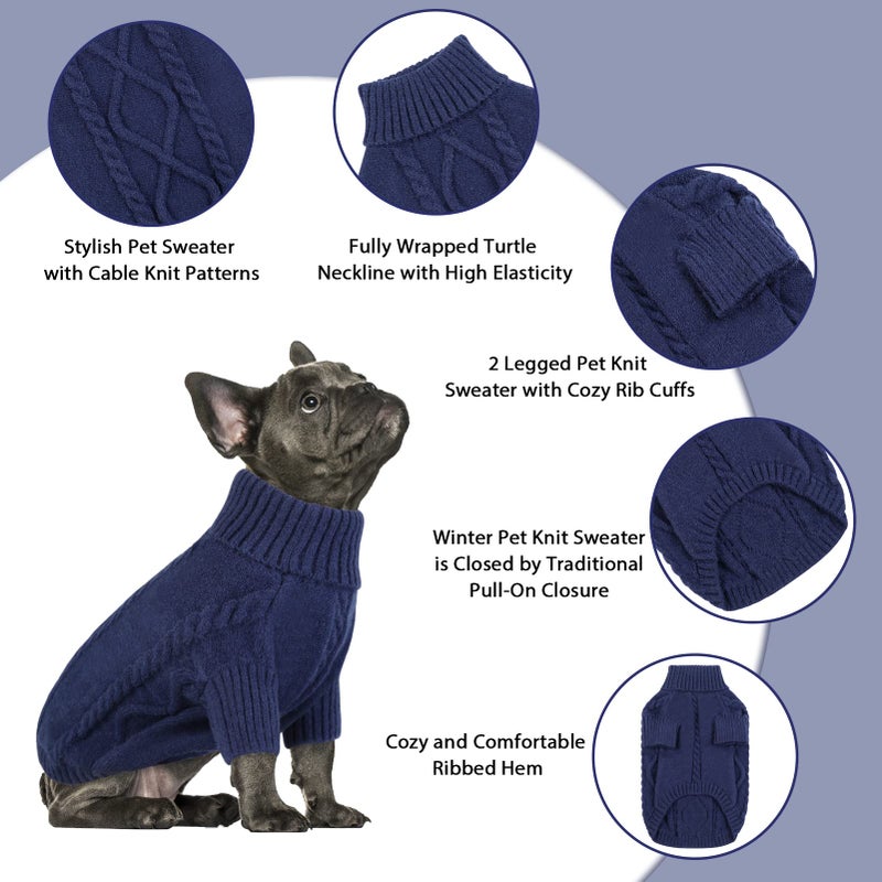 Queenmore Small Dog Pullover Sweater, Cold Weather Cable Knitwear, Classic Turtleneck Thick Warm Clothes for Chihuahua, Bulldog, Dachshund, Pug (Dark Navy, Medium) - Image 3