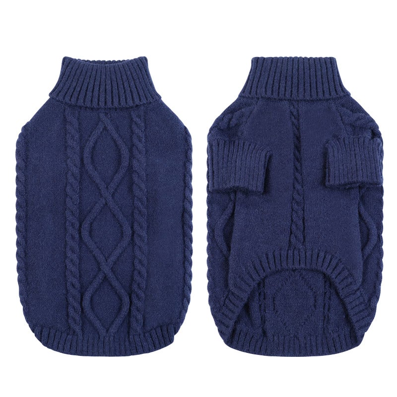 Queenmore Small Dog Pullover Sweater, Cold Weather Cable Knitwear, Classic Turtleneck Thick Warm Clothes for Chihuahua, Bulldog, Dachshund, Pug (Dark Navy, Medium) - Image 4
