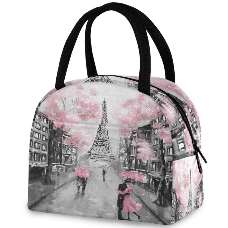 ZzWwR Stylish Romantic Paris Eiffel Tower Reusable Lunch Tote Bag with Front Pocket Zipper Closure Insulated Cooler Container Bag for Man Women Work Picnic Travel Beach Fishing