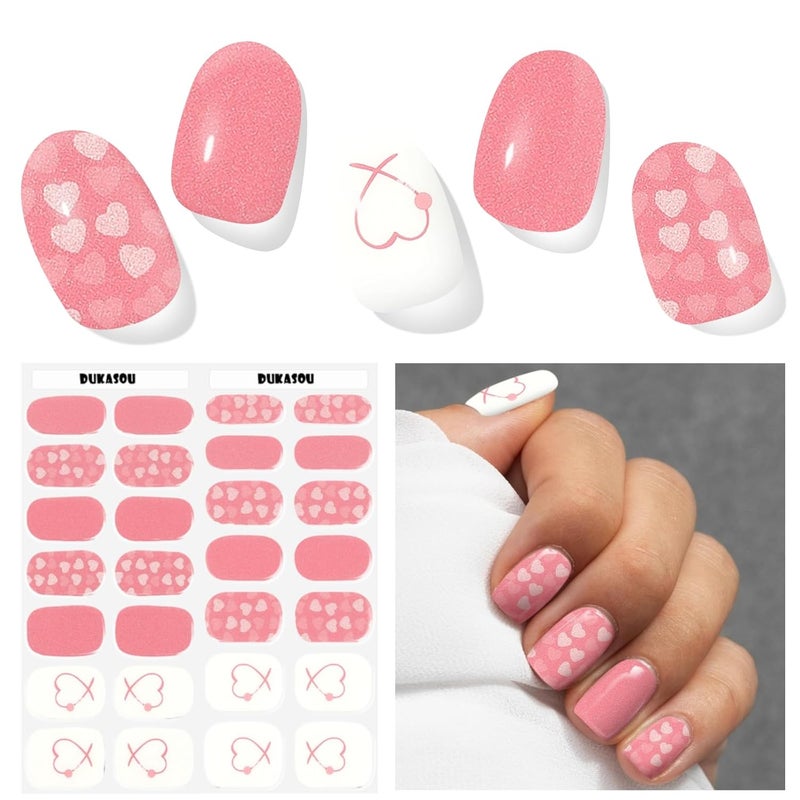 DUKASOU Semi Cured Gel Nail Strips for Valentine, Lovers on Heart | 28 pcs Gel Nail Strips Work with Any UV Lanp, Long Lasting Gel Nail Stickers for Valentin DIY Decoration Birthday Party Gift