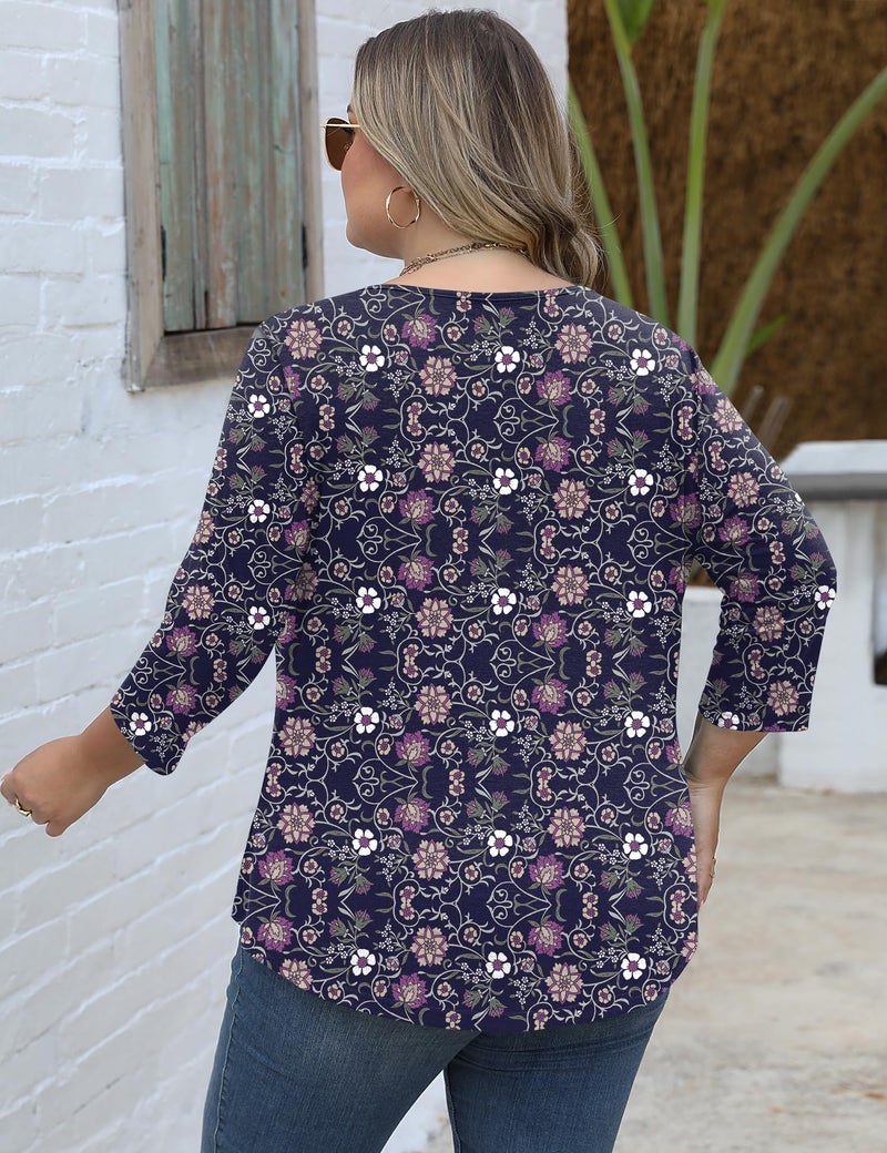 TFSDOD Plus Size Womens 3/4 Sleeve Summer Tops Boho Tops Dressy Casual Long Sleeve Shirts Round Neck Tees Floral Print 3XL - Image 5