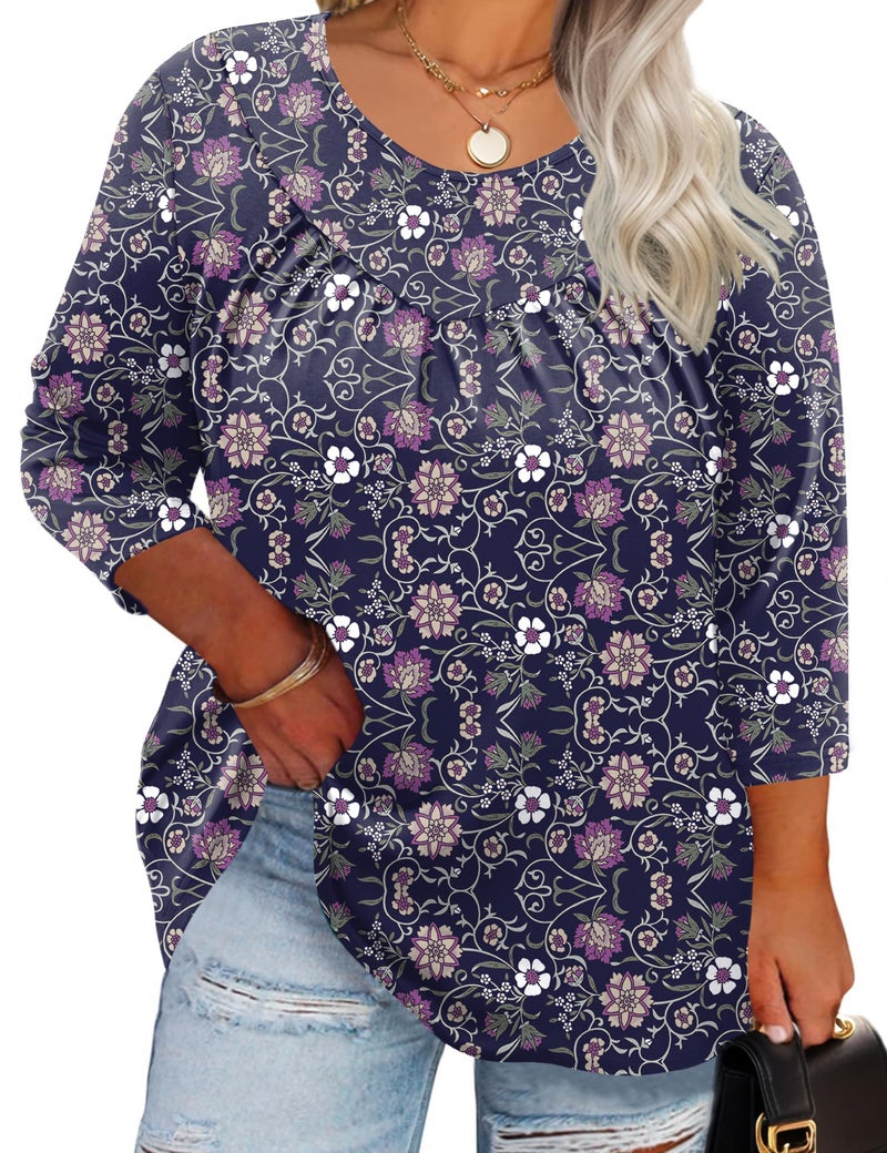 TFSDOD Plus Size Womens 3/4 Sleeve Summer Tops Boho Tops Dressy Casual Long Sleeve Shirts Round Neck Tees Floral Print 3XL - Image 1