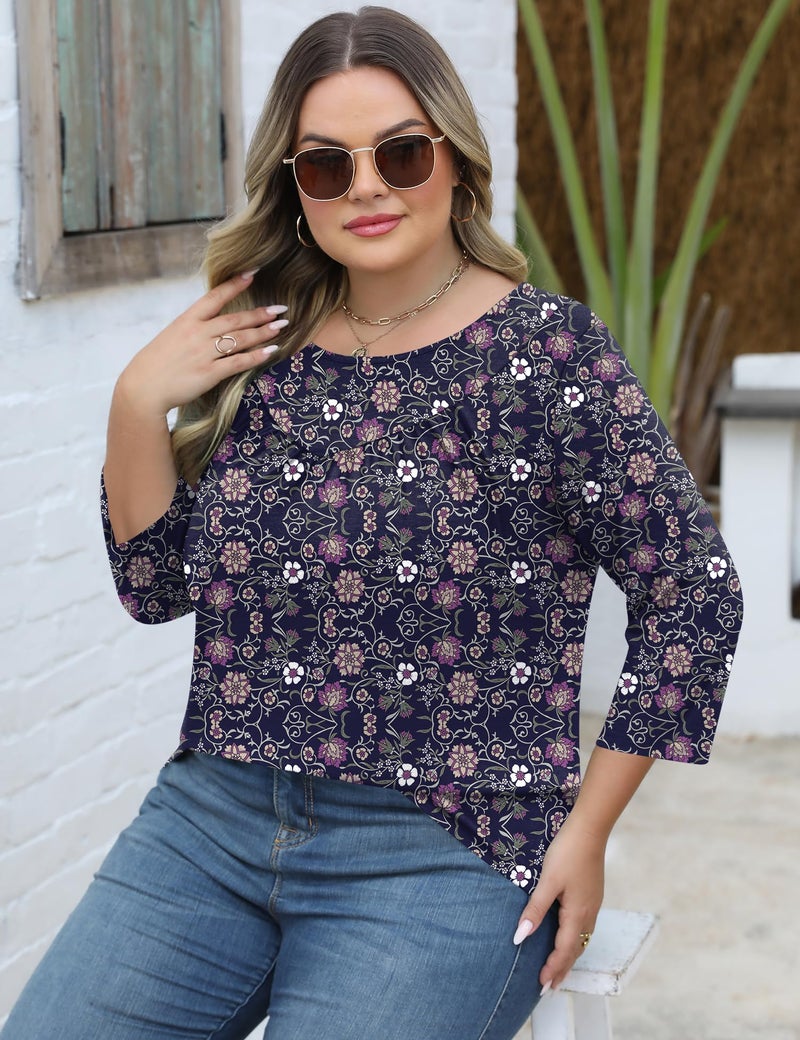 TFSDOD Plus Size Womens 3/4 Sleeve Summer Tops Boho Tops Dressy Casual Long Sleeve Shirts Round Neck Tees Floral Print 3XL - Image 4