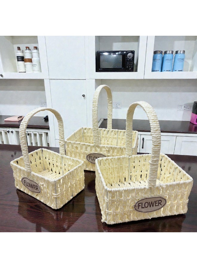 3-Pack Handwoven Storage Baskets with Handle – Decorative Flower & Picnic Baskets for Home Décor, Gift Hampers, Weddings & Parties rectangular shape - Image 2