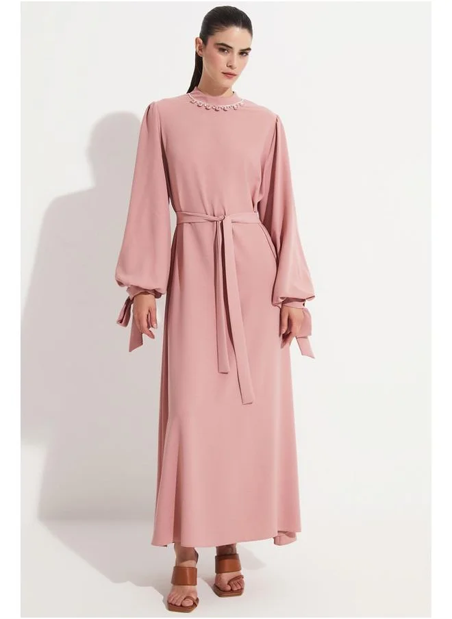 جون June  Stone Neck Detailed Balloon Sleeve Dress Powder