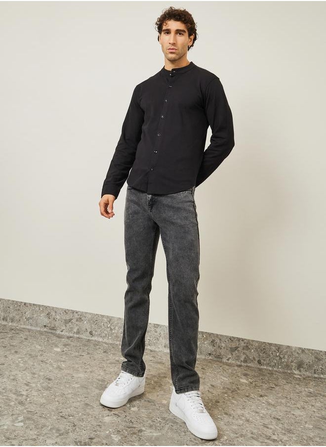 Styli Pique Knit Mandarin Collar Slim Fit Shirt  - Image 2