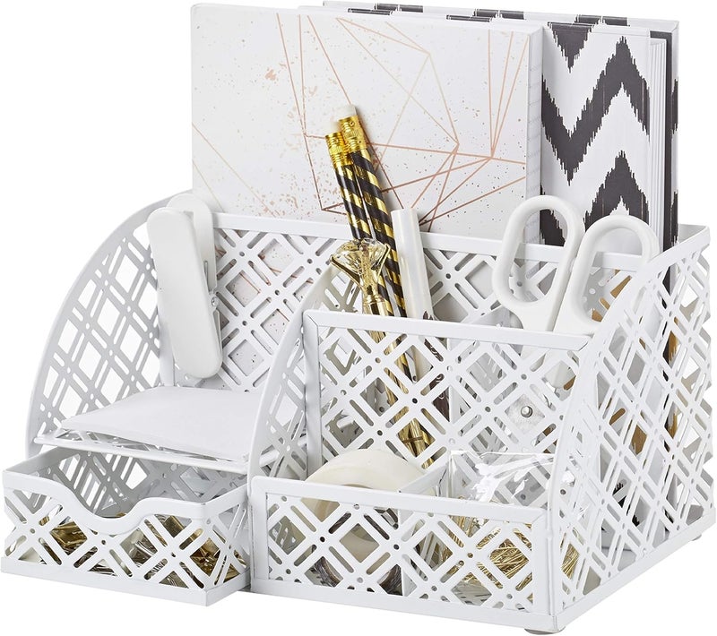 Exerz Desk Organiser/Mesh Desk Tidy Caddy/Pen Holder/Multifunctional Organiser with 7 Compartments (White) - Image 1