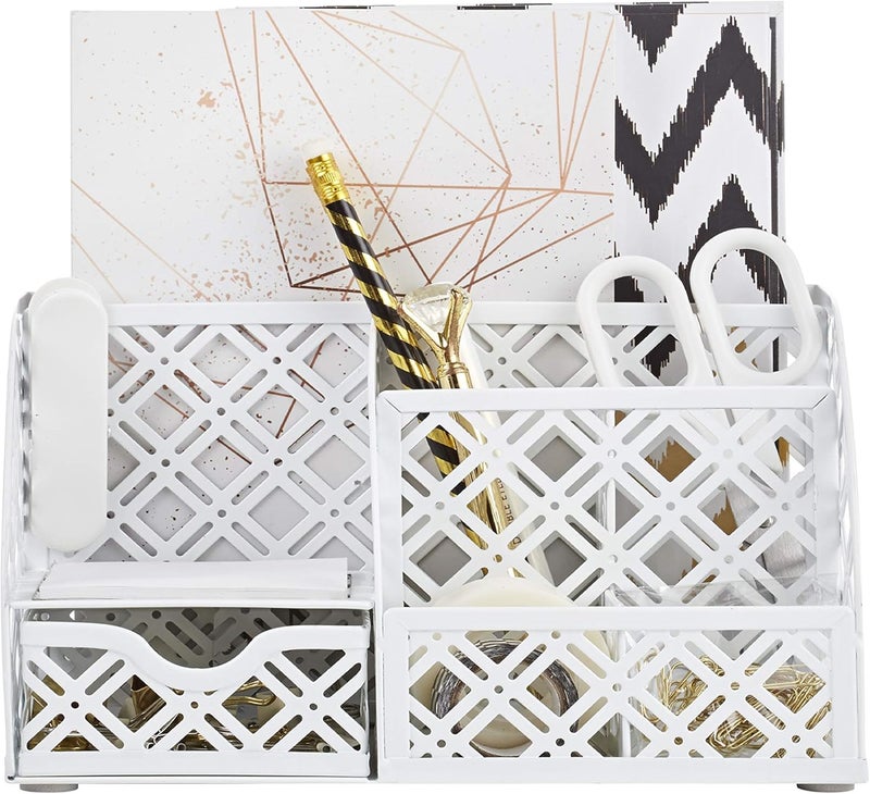 Exerz Desk Organiser/Mesh Desk Tidy Caddy/Pen Holder/Multifunctional Organiser with 7 Compartments (White) - Image 3