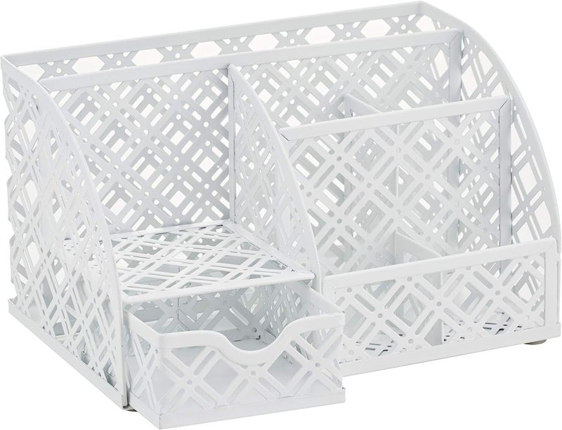 Exerz Desk Organiser/Mesh Desk Tidy Caddy/Pen Holder/Multifunctional Organiser with 7 Compartments (White) - Image 4