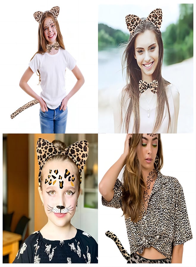 Ears Headband 3Pcs Leopard Ears Headband with 4Pcs Leopard Temporary Face Stickers Tattoos Cat Ears Headband Bow Tie Tail for Kids Adults  Cosplay Party Costume Birthday Party Dress Up - Image 2