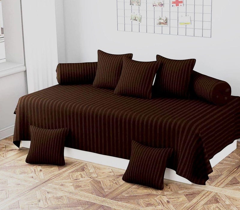 AASHIYANA SAJONA AASHIYANA SAJONA Brown Coloured Microfibre Diwan Set of 8 Pieces Including Diwan Bedsheet with 2 Bolster Covers and 5 Cushion Covers Striped Diwan Cover Set for Living Room and Hall for Home Decor 