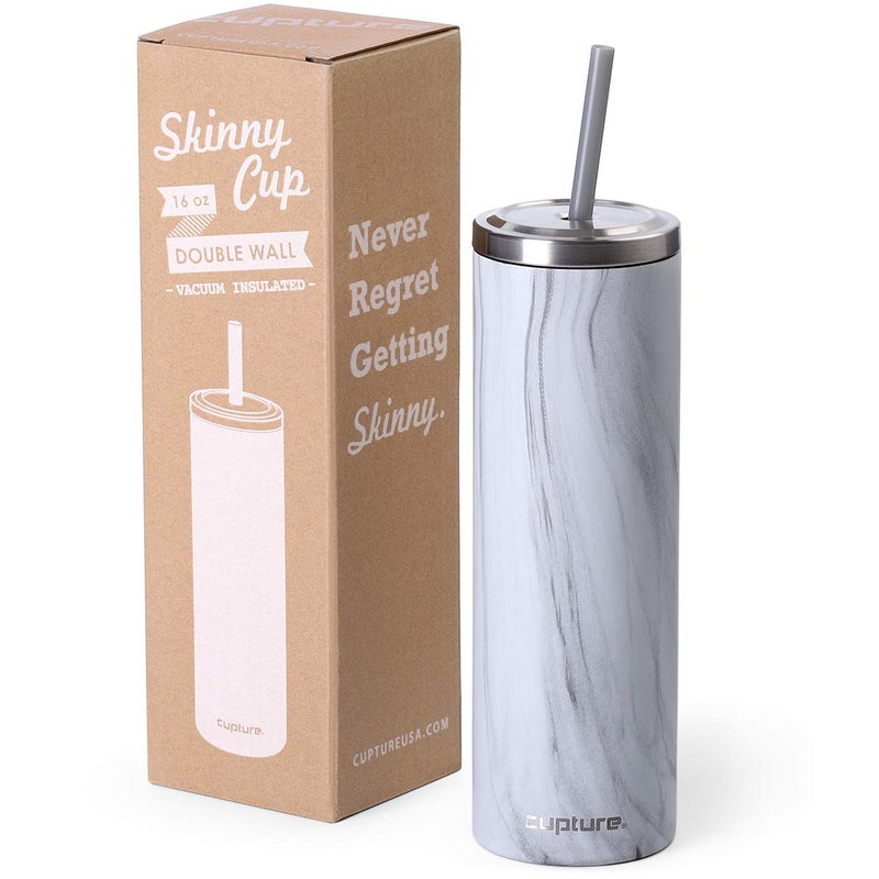 Cupture Stainless Steel Skinny Insulated Tumbler Cup with Lid and Reusable Straw 16 oz Winter White