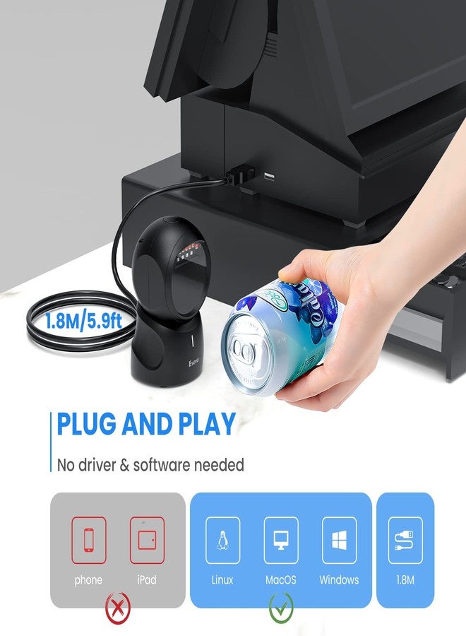 Eyoyo Barcode Scanner, QR 2D Hands-Free Omnidirectional Automatic Sensing Scanning USB Desktop Barcode Scanner, Wired Bar Code Reader Screen Scanning for POS PC Supermarket Library Retail Bookstore - Image 3
