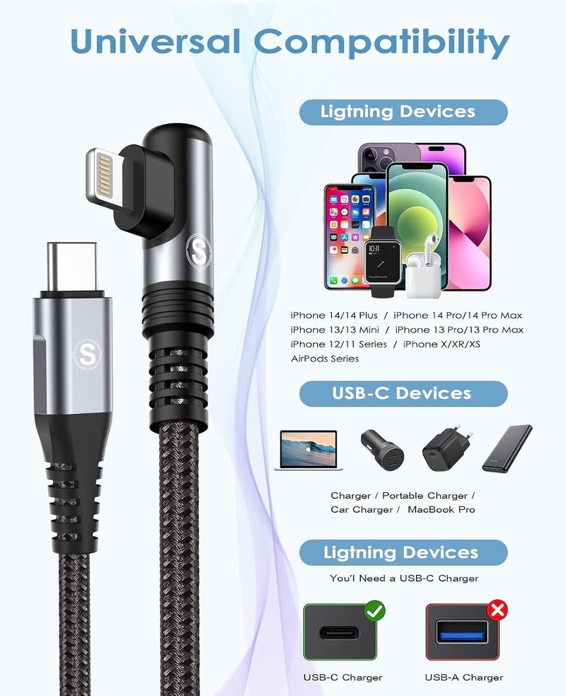 sweguard USB-C to Lightning Cable [2-Pack, 3M] 90 Degree iPhone Fast Charging Cable, Power Delivery PD Compatible, Nylon Braided Type-C to Lightning Charger for iPhone 14/13/12/11/Pro/Pro Max/Mini/XS/8/SE - Image 2