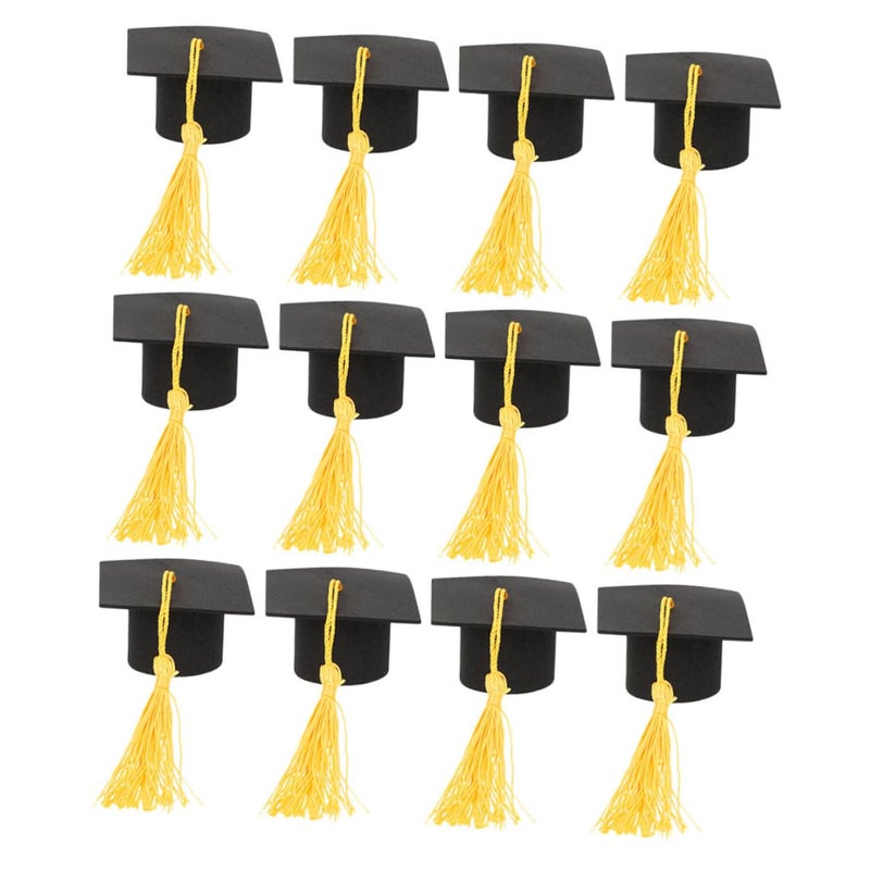 Graduation Cap Cupcake Toppers 12pcs Yellow Tassel Mini Mortarboard Cake Decorations - Image 2
