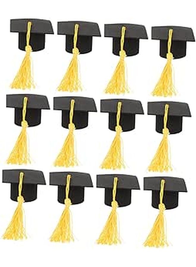 Graduation Cap Cupcake Toppers 12pcs Yellow Tassel Mini Mortarboard Cake Decorations - Image 1