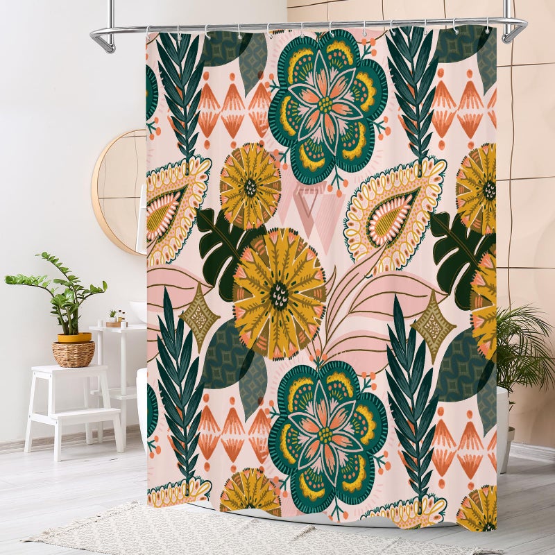 Mitovilla Boho Floral Surtain Surtain Abstrict استوائية أوراق الدش ستائر لأنيقة الحمام الأنيقة القماش القماش القماش الستار الحديثة زهرة ملونة 72x72 - Image 2