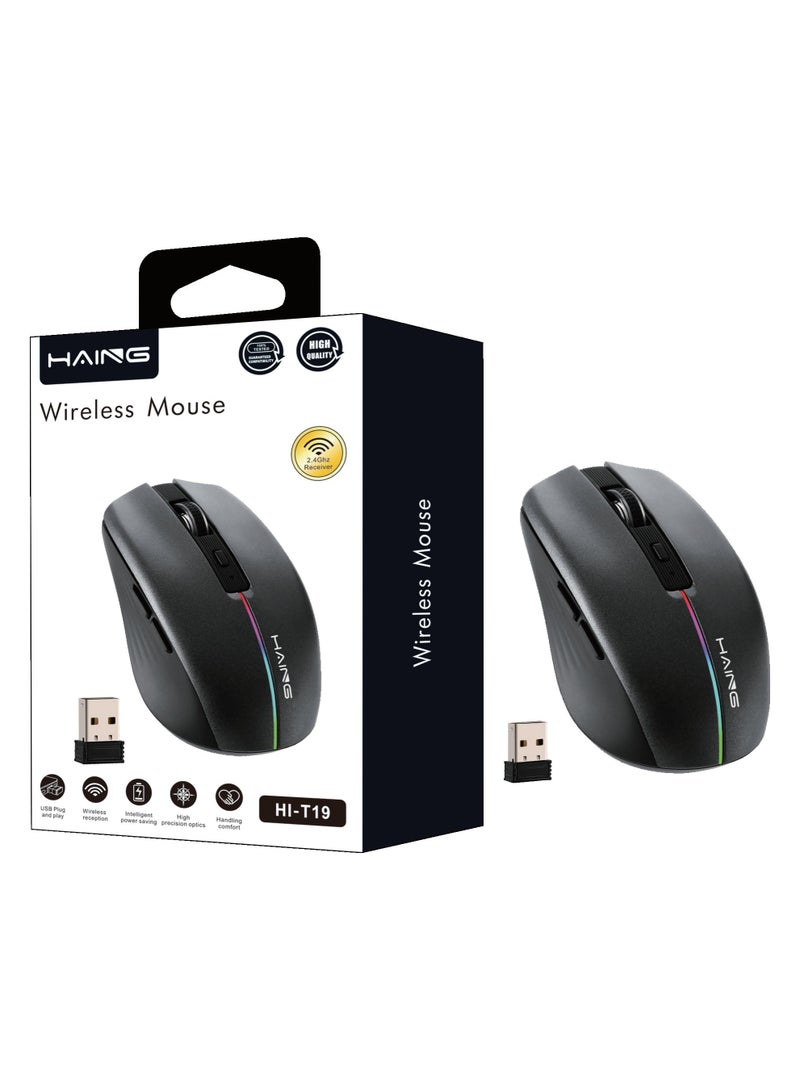 هينغ ماوس لاسلكي قابل لإعادة الشحن HI-T19 - ماوس بصري USB بتردد 2.4 جيجاهرتز بتصميم مريح ونقرات صامتة وتوفير الطاقة لأجهزة الكمبيوتر الشخصية/الكمبيوتر المحمول/الكمبيوتر المكتبي